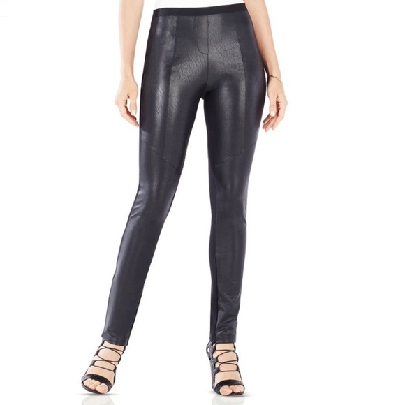 NWT BCBGMaxazria Maddex Faux Leather Ribbed Mixed Media Leggings Black - Picture 2 of 6